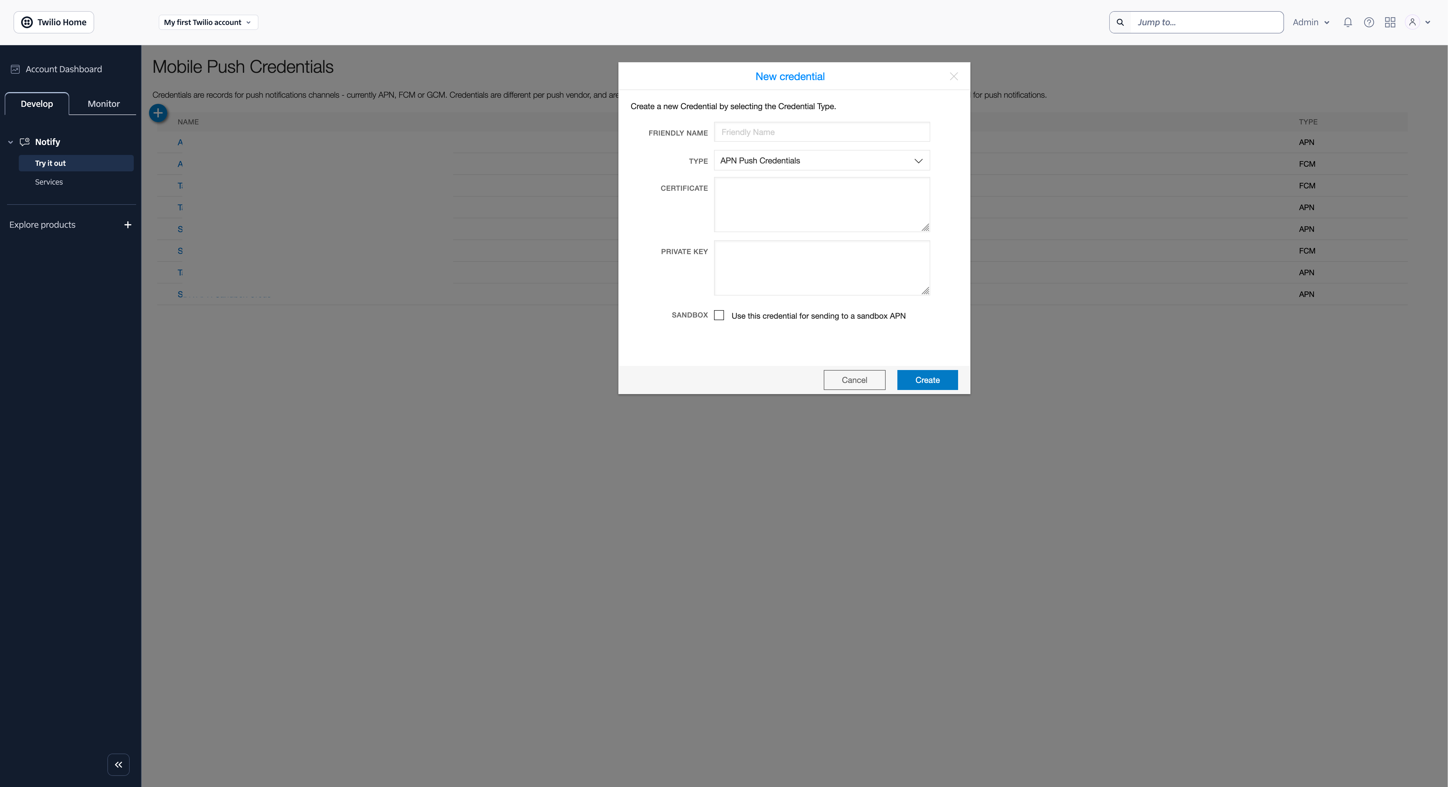 Creating a new APN Credential in Twilio Notify